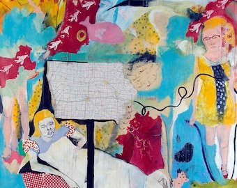 Peinture acrylique originale : carte de l'Iowa, art folklorique surréaliste figuratif Jamie Hudrlik collage oeuvre