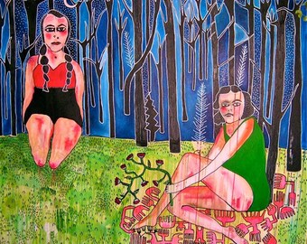 Original Naive Art Painting: Childlike Girls in Trees, Large Acrylic Canvas Jamie Hudrlik