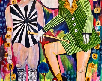 Lost in the Parade Original Large Canvas Painting – Whimsical Figurative Folk Art – Colorful Storybook Acrylic Wall Art -- Jamie Hudrlik