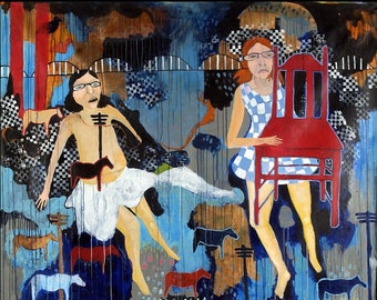 Grande peinture à l'huile figurative : toile surréaliste, techniques mixtes, oeuvre de Jamie Hudrlik Outsider, histoire du journal des chevaux