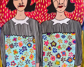 Twins Portrait Painting: Large Colorful Figurative Art Jamie Hudrlik Photograph Painting Diane Arbus