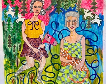 Large Colorful Acrylic Canvas Painting: Girls, Cat, Stick Horse - Jamie Hudrlik Art - Childlike Patterns Artwork