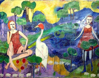 Large Mixed Media Canvas Painting: Childlike Figurative Art Bird Landscape Outsider Art Jamie Hudrlik Artwork Original Girls