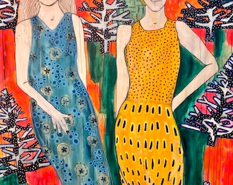 Large Figurative Canvas Painting: Two Girls in Forest, Colorful Artwork Jamie Hudrlik Original Art Women Fashion