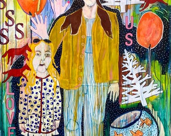 Stand by Me - Grande peinture acrylique expressionniste colorée enfantine mère fille bol de poisson Jamie Hudrlik