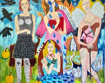 Large Figurative Acrylic Painting: Colorful Girls, Heart & Birds Canvas Art Jamie Hudrlik Original Artwork