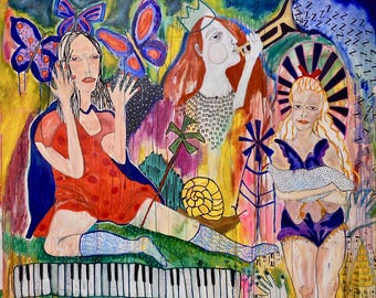 Original Large Canvas Painting: Colorful Expressionist Girls & Butterfly Circus Art Jamie Hudrlik