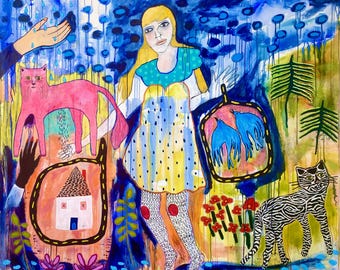 Large Whimsical Girl and Cat Painting: Colorful Mixed Media Art Jamie Hudrlik