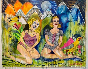 Birds of Paradise Painting: Large Colorful Naive Art, Girls Jungle Illustration Oil Painting Jamie Hudrlik