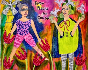 Large Surrealist Canvas Painting: Girls with Sheep by Jamie Hudrlik Colorful Large Art Girls Emotional Childlike