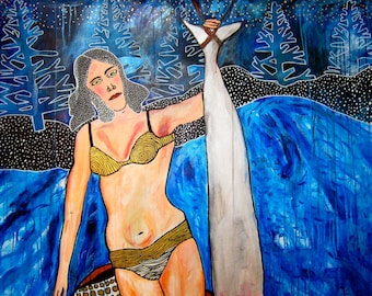 Girl and Fish Painting: Large Naive Acrylic Art on Canvas Jamie Hudrlik