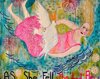 Abstract Girl and Bird Canvas Painting: Colorful Children's Illustration Jamie Hudrlik Bird Girl Large Painting