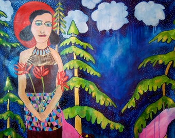 Large Figurative Acrylic Painting: Girl in Garden Wedding Dress Original Colorful Painting Jamie Hudrlik