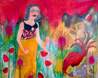Girl In Garden with Chickens Child Wall Art Painting Mixed Media Artwork playful original Acrylic Painting figurative art jamie hudrlik
