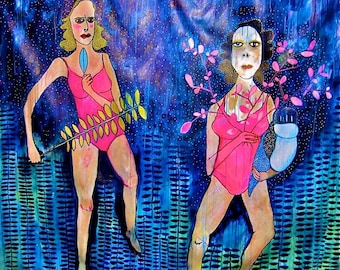 Large Acrylic Painting: Girl, Flowers, Owl - Naive Art on Canvas Jamie Hudrlik Original Artwork