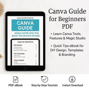 Puede incluir: Una tableta negra muestra una Guía de Canva para principiantes en PDF. La pantalla muestra "CANVA GUIDE" en un cuadro turquesa, con el texto "Diseña más rápido con estos consejos rápidos sobre cada función". El texto incluye "Aprende las herramientas de Canva, las funciones y Magic Studio".