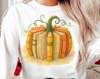 Watercolor Pumpkin Book PNG: Fall T-Shirt Design (Digital Download)