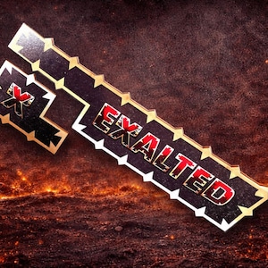 Puede incluir: Emblema de dos piezas en negro y dorado con la palabra "EXALTED" en letras rojas y doradas. El emblema tiene un diseño estilizado con un símbolo "X" rojo. El fondo es una superficie oscura y texturizada con elementos de fuego.