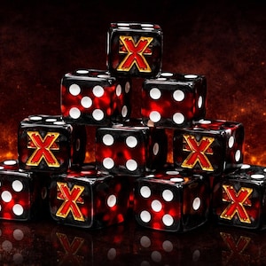 Puede incluir: Una pila de dados negros con puntos blancos y un símbolo "X" rojo con borde dorado. Los dados están dispuestos sobre un fondo oscuro y ardiente. La imagen está bien iluminada y detallada, con una superficie reflectante debajo.