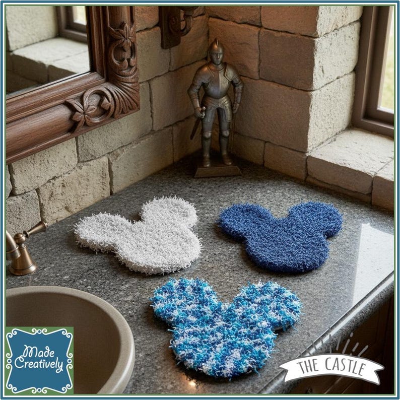 Mouse-Shaped Bath & Kitchen Scrubby Set - All Polyester OR All Cotton Polyester - Castle
