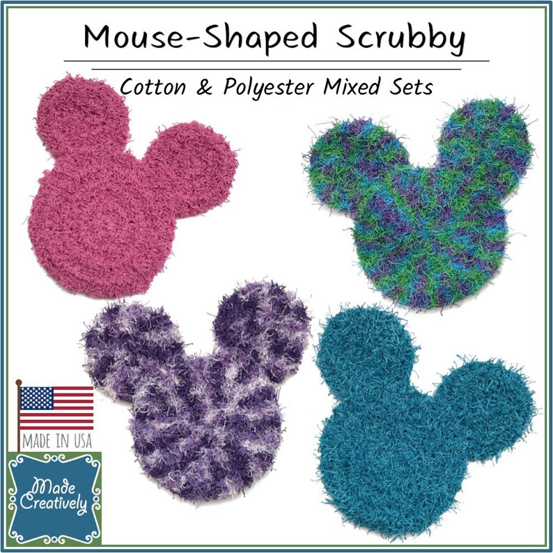 May include: Four mouse-shaped scrubbies in different colors.  The scrubbies are made of cotton and polyester.  The colors are pink, teal, purple, and blue.  The scrubbies are arranged in a square pattern.  The text "Mouse-Shaped Scrubby" and "Cotton & Polyester Mixed Sets" is at the top of the image.  The text "Made in USA" is at the bottom left of the image.  The text "Made Creatively" is at the bottom center of the image.