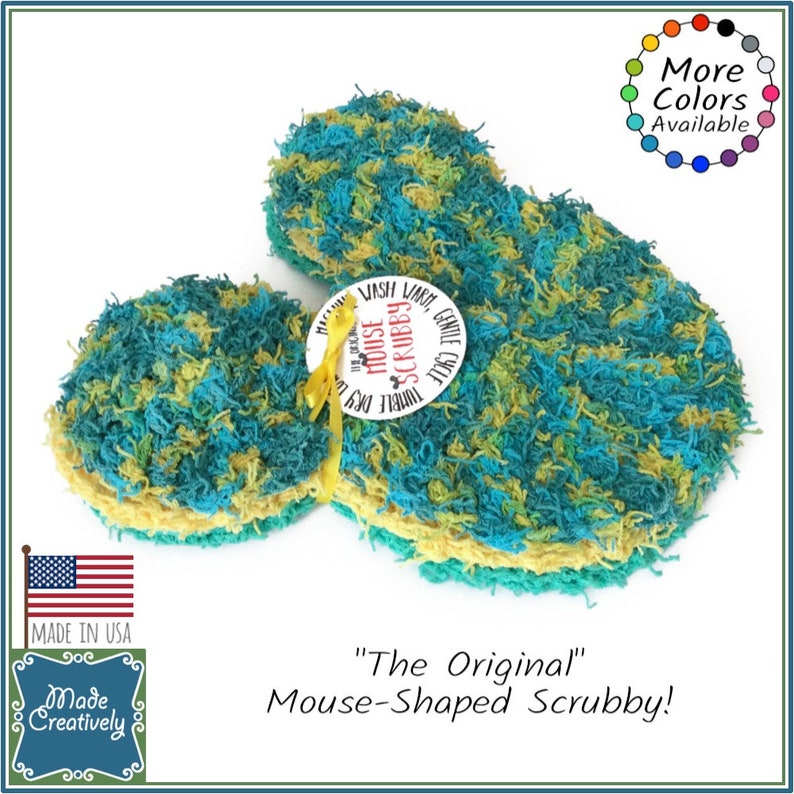 May include: A green and yellow mouse-shaped dish scrubber with the text "The Original Mouse Scrubby!" and "Triple Duty Dish, Wash, Lint, Gentle Cycle" on a white background.