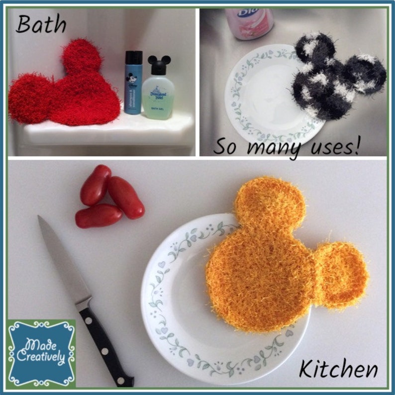 May include: Three crocheted Mickey Mouse head shaped dishcloths in different colors: red, black and white, and yellow. The dishcloths are shown in different settings: a bathroom, a kitchen sink, and a kitchen counter. The text "Bath", "So many uses!" and "Kitchen" are visible in the image.