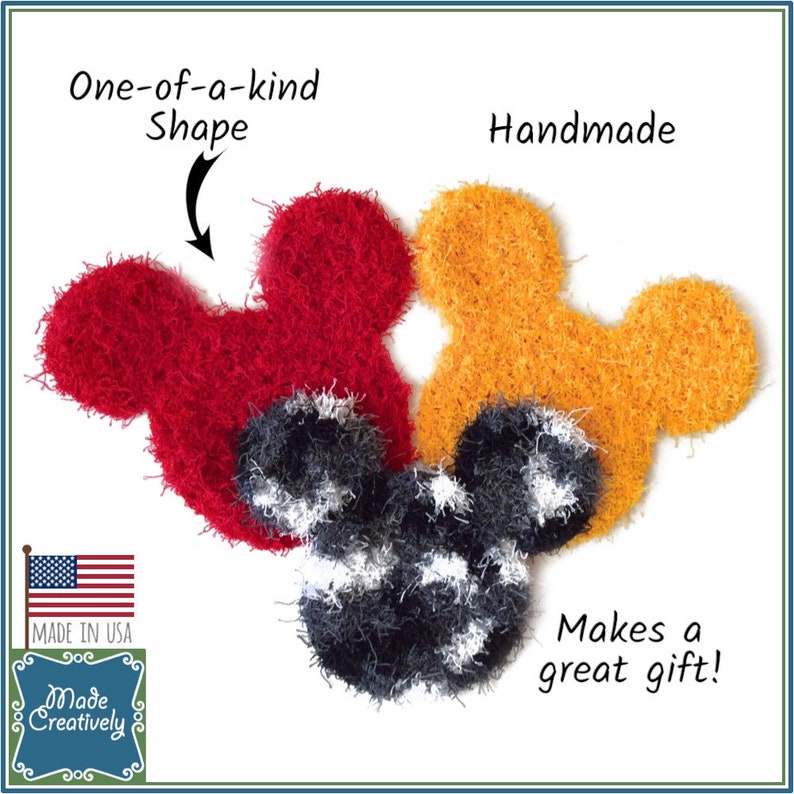 May include: Three handmade crocheted Mickey Mouse-shaped dishcloths in red, yellow, and black and white. The dishcloths are made in the USA and are a great gift.