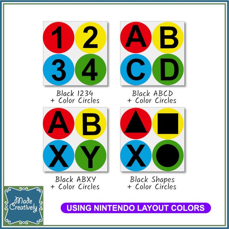 Video Game Controller Button Vinyl Stickers NIN Bk ABXY +Color O