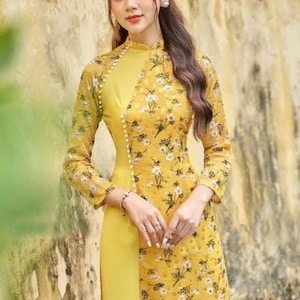 Yellow Pearl Áo Dài–Traditional Vietnamese Dress | Ao Dai with pearls small flowers white --with pants--ready to ship (FH2)