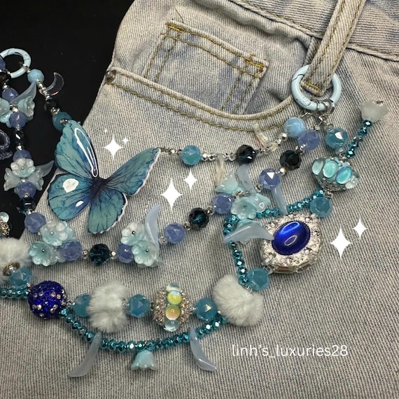 Blue Butterfly Beaded Keychain, Handbag Decoration, Purse  Boutique Blue Crystal Butterfly Bag Charm Large Y2K Beaded Purse Accessory Gold main image 1