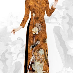 Set Traditional Vietnamese Brown & White Lotus - Bộ áo dài in 3D truyền thống - Ready to ship (with pant) - Square neck