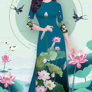Set Traditional Vietnamese Pink Lotus - Bộ áo dài in 3D truyền thống - Ready to ship (with pant) - Round neck