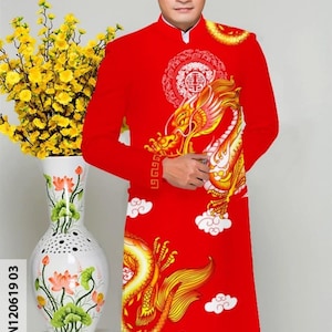 Ao dai Nam, chu re/groom/re phu ao dai, young men ao dai, Vietnamese traditional ao dai for Men hand painted dragon--ready to ship