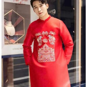 Ao dai Nam, chu re/groom/re phu ao dai, young men ao dai, Vietnamese traditional ao dai for Men hand painted dragon--ready to ship