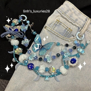 Blue Butterfly Beaded Charm Chain – Y2K Aesthetic Bag Charm, Kawaii Keychain, Fairycore Accessory