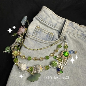 Green Garden Beaded Bag Charm – Handmade Y2K Keychain, Fairycore Cottagecore Jeans Chain, Statement Accessory