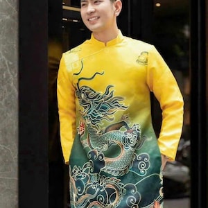 Ao dai Nam, chu re/groom/re phu ao dai, young men ao dai, Vietnamese traditional ao dai for Men hand painted dragon--ready to ship