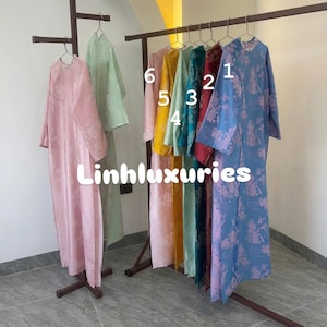 6 màu - Set Traditional Vietnamese Gam Ao Dai - Bộ áo dài gấm form rộng- Ready to ship (with pant) - Shimmering beaded neckline