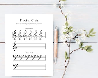 May include: A printable worksheet with the text "Tracing Clefs" and instructions to trace the treble and bass clefs. The worksheet includes examples of both clefs on a musical staff.