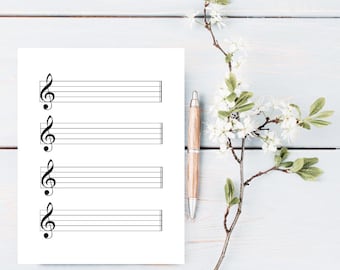 May include: A blank sheet of music paper with four treble clefs and lines for writing music notes. A brown pen and a sprig of white flowers are on a light blue wooden surface.