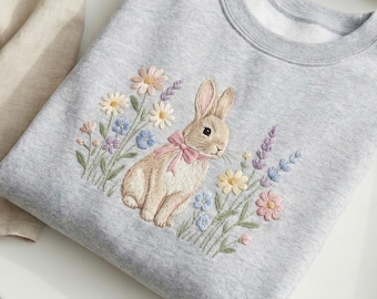 Easter Flowers Bunny Sweatshirt, Cute Bunny Shirt, Rabbit Shirt, Happy Easter Day Gift, Coquette Easter Shirt, Cute Easter Embroidered Shirt