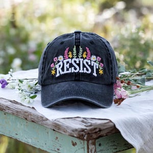 Floral Resist Embroidered Washed Hats FDT Democrat Gift, Political Protest Resist Baseball Cap, Leftist Anti-MAGA Liberal Progressive Hat