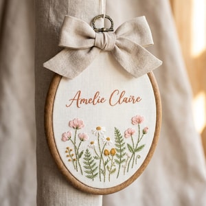 Custom Wildflower Name Hoop, Hand-Embroidered Floral Nursery Art, Personalized Baby Keepsake