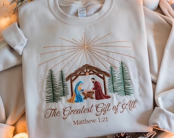 Embroidered Nativity Sweatshirt: Christian Christmas Sweater
