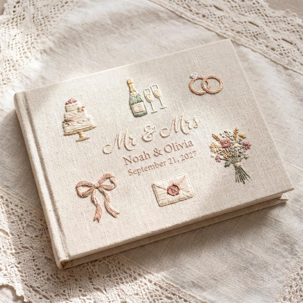 Libro de firmas para bodas en lino bordado, álbum de recuerdos personalizado para el Sr. y la Sra.