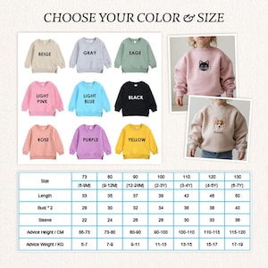 May include: Children's sweatshirts in various colors, including beige, gray, and light pink. The image shows a size chart with measurements in inches and centimeters. The text reads "CHOOSE YOUR COLOR & SIZE."