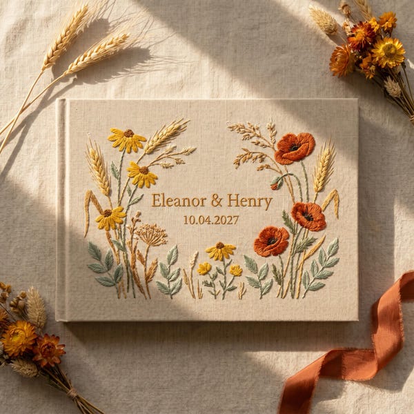 Embroidered Linen Wedding Guest Book, Autumn Wildflower Keepsake, Rustic Floral Album