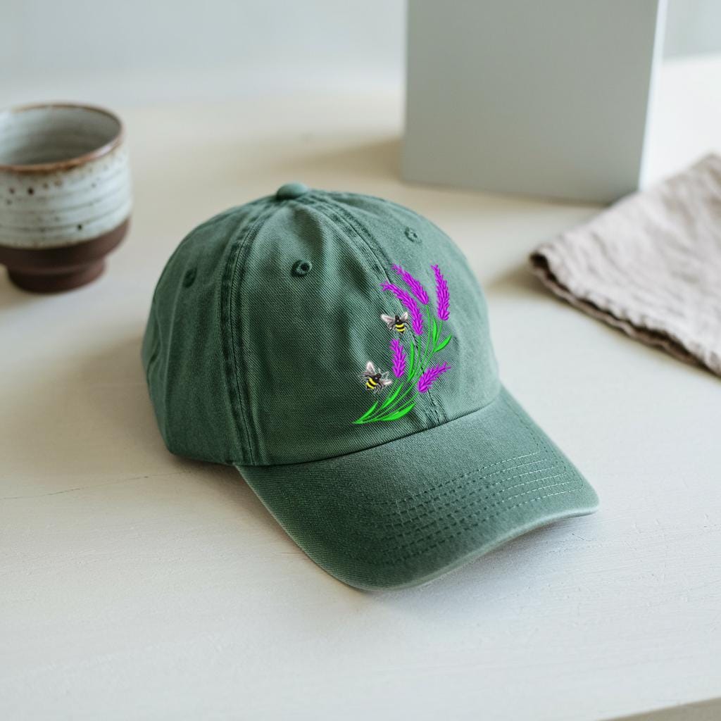Lavender and Bees Hat, Sage Green Embroidered Floral Cap, Pollinator Garden Lover Gift, Cottagecore Nature Baseball Dad Hat