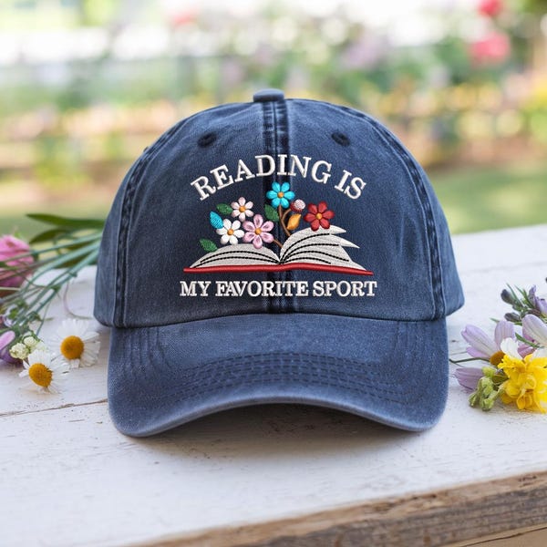 Embroidered Book Hat, Reading Is My Favorite Sport, Floral Cotton Cap